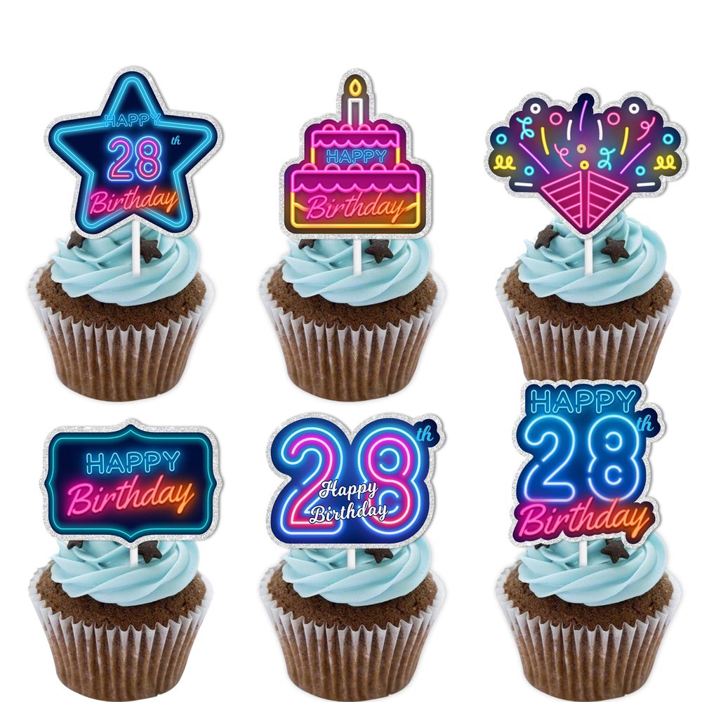 18pcs Blue Fluorescence Glitter Dessert Cupcake Topper Cheer to Lets Glow Crazy Happy 28th Birthday Theme Decoration Supplies Anniversary Wedding Party Decor Supplies
