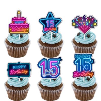 18pcs Blue Fluorescence Glitter Dessert Cupcake Topper Cheer to Lets Glow Crazy Happy 15th Birthday Theme Decoration Supplies Anniversary Wedding Party Decor Supplies