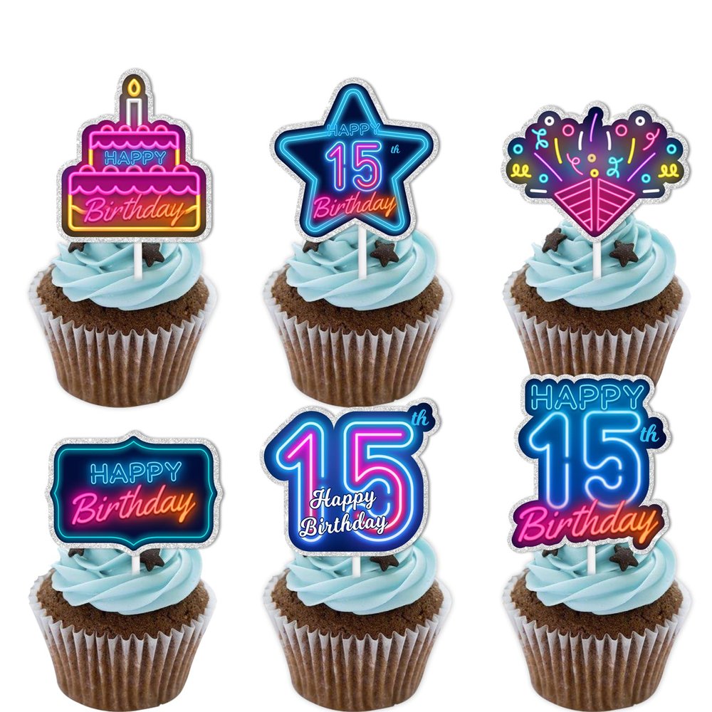 18pcs Blue Fluorescence Glitter Dessert Cupcake Topper Cheer to Lets Glow Crazy Happy 15th Birthday Theme Decoration Supplies Anniversary Wedding Party Decor Supplies