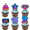 18pcs Blue Fluorescence Glitter Dessert Cupcake Topper Cheer to Lets Glow Crazy Happy 15th Birthday Theme Decoration Supplies Anniversary Wedding Party Decor Supplies view 1