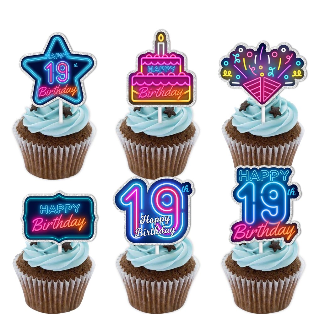 18pcs Blue Fluorescence Glitter Dessert Cupcake Topper Cheer to Lets Glow Crazy Happy 19th Birthday Theme Decoration Supplies Anniversary Wedding Party Decor Supplies