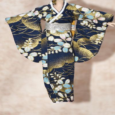 1/12 Scale Female Clothes, Japanese Kimono Bathrobe Dress Costume Clothing for 6inch PH TBL JO Action Figure Body (Blue)