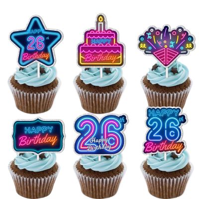 18pcs Blue Fluorescence Glitter Dessert Cupcake Topper Cheer to Lets Glow Crazy Happy 26th Birthday Theme Decoration Supplies Anniversary Wedding Party Decor Supplies