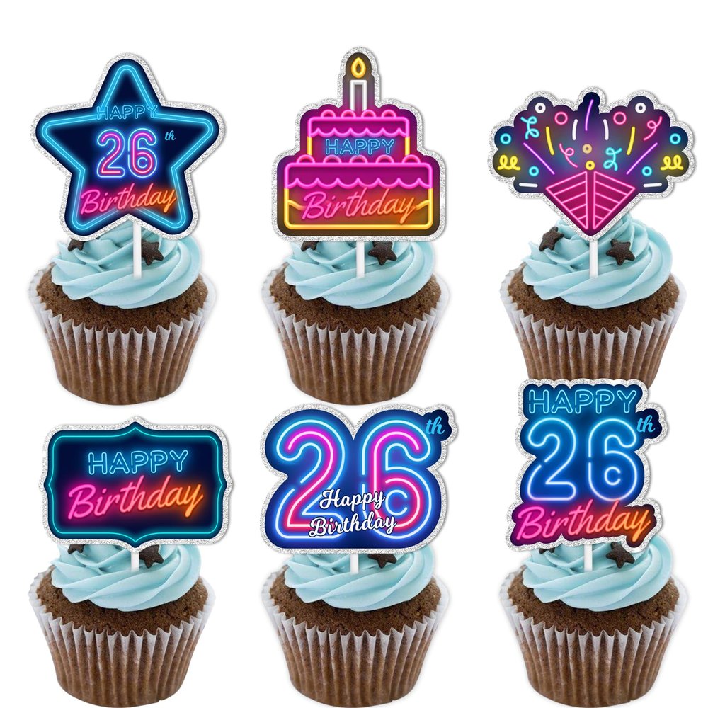 18pcs Blue Fluorescence Glitter Dessert Cupcake Topper Cheer to Lets Glow Crazy Happy 26th Birthday Theme Decoration Supplies Anniversary Wedding Party Decor Supplies