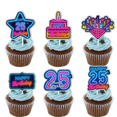 18pcs Blue Fluorescence Glitter Dessert Cupcake Topper Cheer to Lets Glow Crazy Happy 25th Birthday Theme Decoration Supplies Anniversary Wedding Party Decor Supplies