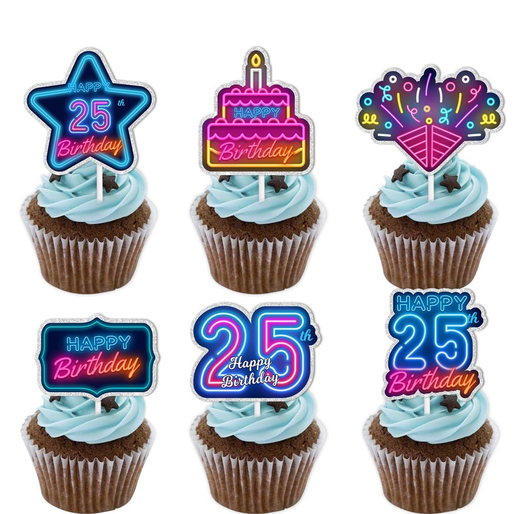 18pcs Blue Fluorescence Glitter Dessert Cupcake Topper Cheer to Lets Glow Crazy Happy 25th Birthday Theme Decoration Supplies Anniversary Wedding Party Decor Supplies