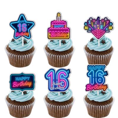 18pcs Blue Fluorescence Glitter Dessert Cupcake Topper Cheer to Lets Glow Crazy Happy 16th Birthday Theme Decoration Supplies Anniversary Wedding Party Decor Supplies