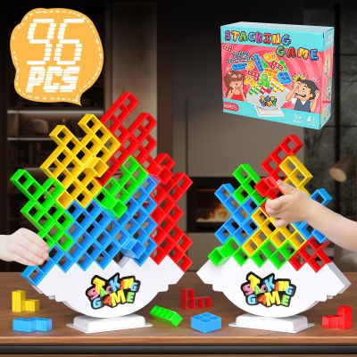 BBnote 96PCS Stack Game for Adult & Kids, Tetra Board Tower Games for Family Travel Party, 4 Players Balance Stacking Toy, Team Toys Building Block