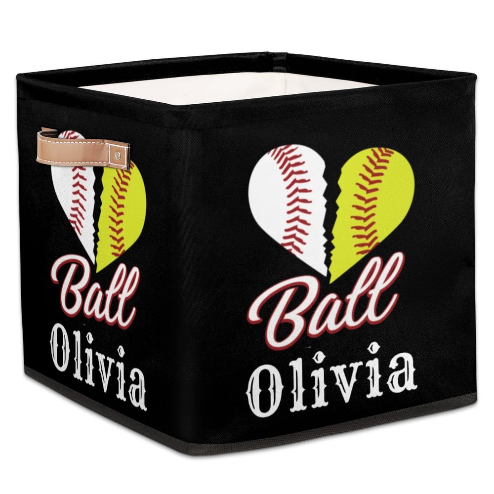 RIRIX Custom Storage Baskets Personalized Storage Bins Basket Boxes with PU Leather Handles for Clothes Bedroom Closet Organizing Toys Books Shelves Storage Boxes-Baseballs Softball