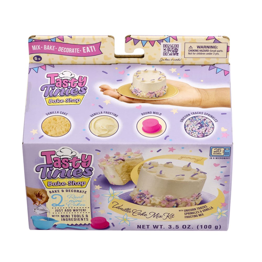 Goliath Tasty Tinies Bake Shop Vanilla Cake Mix Kit with Unicorn Tracks Sprinkles & Vanilla Frosting Mix | Bake & Decorate 2 Real Mini Cakes | Includes Mini Tools & Ingredients | Ages 6+