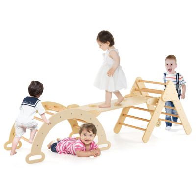 GLACER 5-in-1 Triangular Set of 3, Baby Climbing Toys w/Triangular Climber Arch Ramp Rocker, Indoor Outdoor Playground Wood Climbing Set, Early-Learning Montessori Toys (Natural)