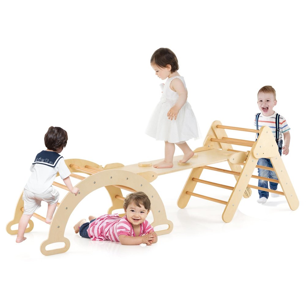 GLACER 5-in-1 Triangular Set of 3, Baby Climbing Toys w/Triangular Climber Arch Ramp Rocker, Indoor Outdoor Playground Wood Climbing Set, Early-Learning Montessori Toys (Natural)