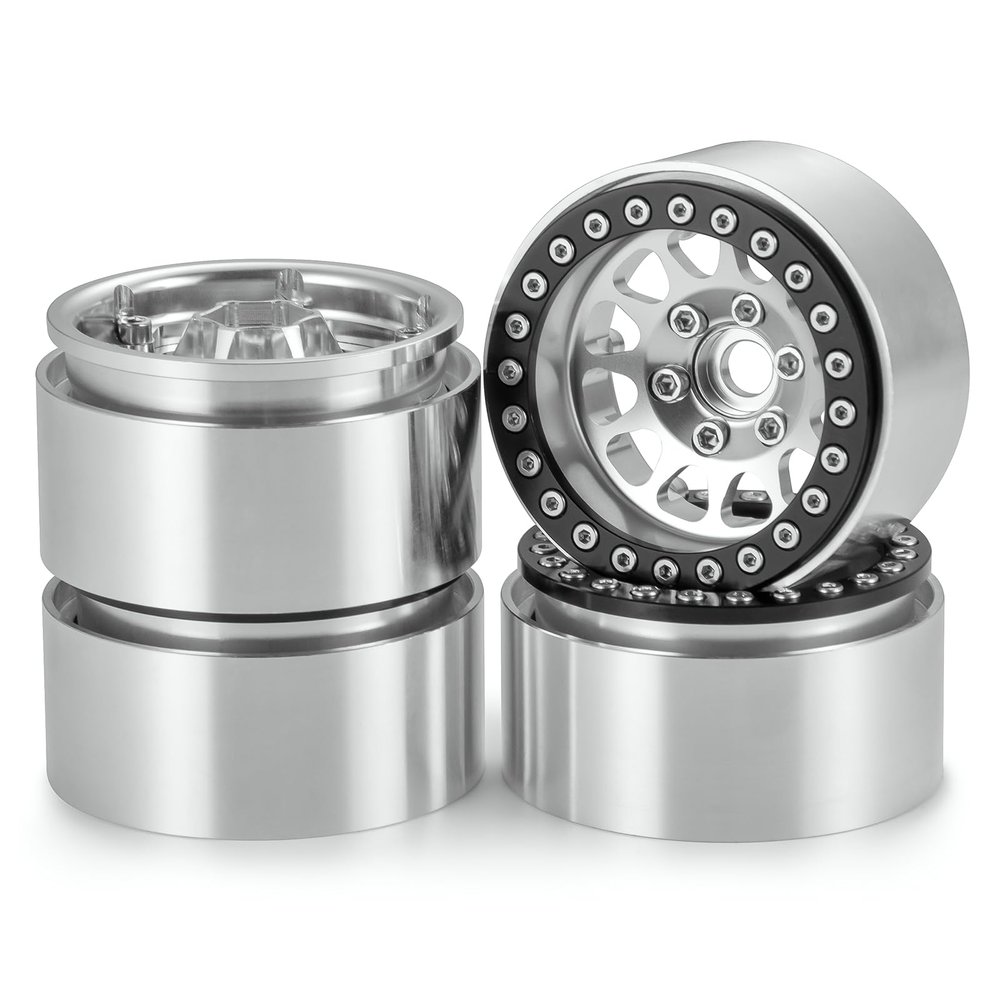 SWX 1.9" Beadlock Wheel Rims Aluminum Deep Dish RC Wheel Rim Hub Upgrade Parts for 1/10 RC Crawler TRX4 Axial SCX10 I II III 90046 AXI03007 (Silver+Black)