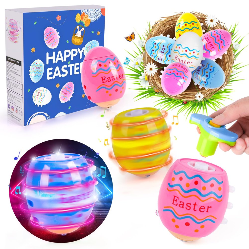 TERRAMUS Easter Eggs Toys, 6-Pack Light Up Easter Basket Stuffers, Lighting, Singing, Spinning Tops, Party Favors, Plastic Eggs Toy, Gifts for Kids Toddler 3+ Boys Girls