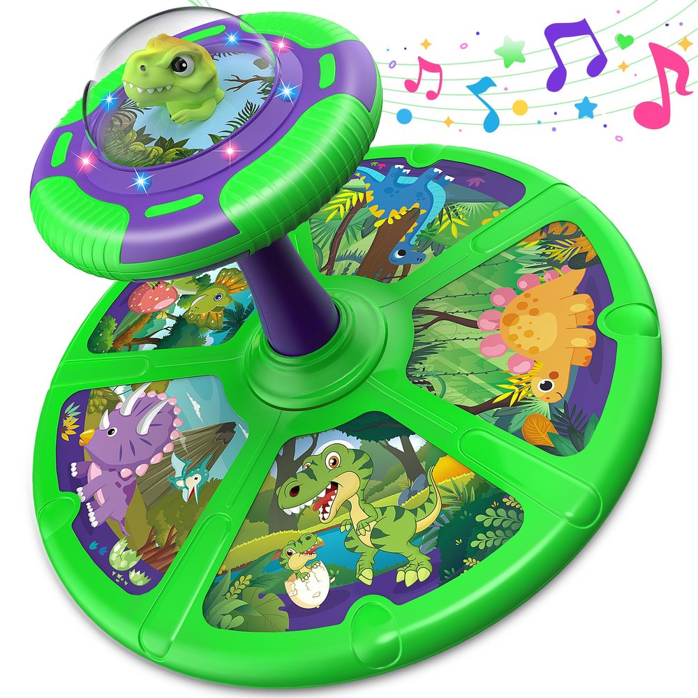 Flooyes Dinosaur Sit and Spin Toys for Toddlers Boys 1 2 3 Years Old, Birthday Gift for Boys Age 2-4 with LED Lights and Music, 360 Spin