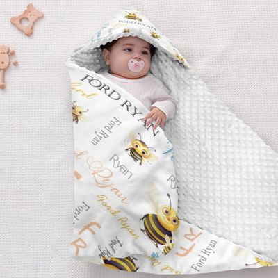 Personalized Baby Blankets for Boys Girls Neutral Bee Baby Swaddle Blanket with Name Soft Baby Hooded Blanket Minky Dotted Swaddling Wrap Newborn Nursery Swaddling Blankets 40x40 in