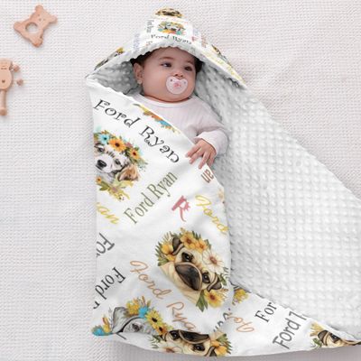 Personalized Baby Blankets for Boys Girls Neutral Dog Baby Swaddle Blanket with Name Soft Baby Hooded Blanket Minky Dotted Swaddling Wrap Newborn Nursery Swaddling Blankets 40x40 in