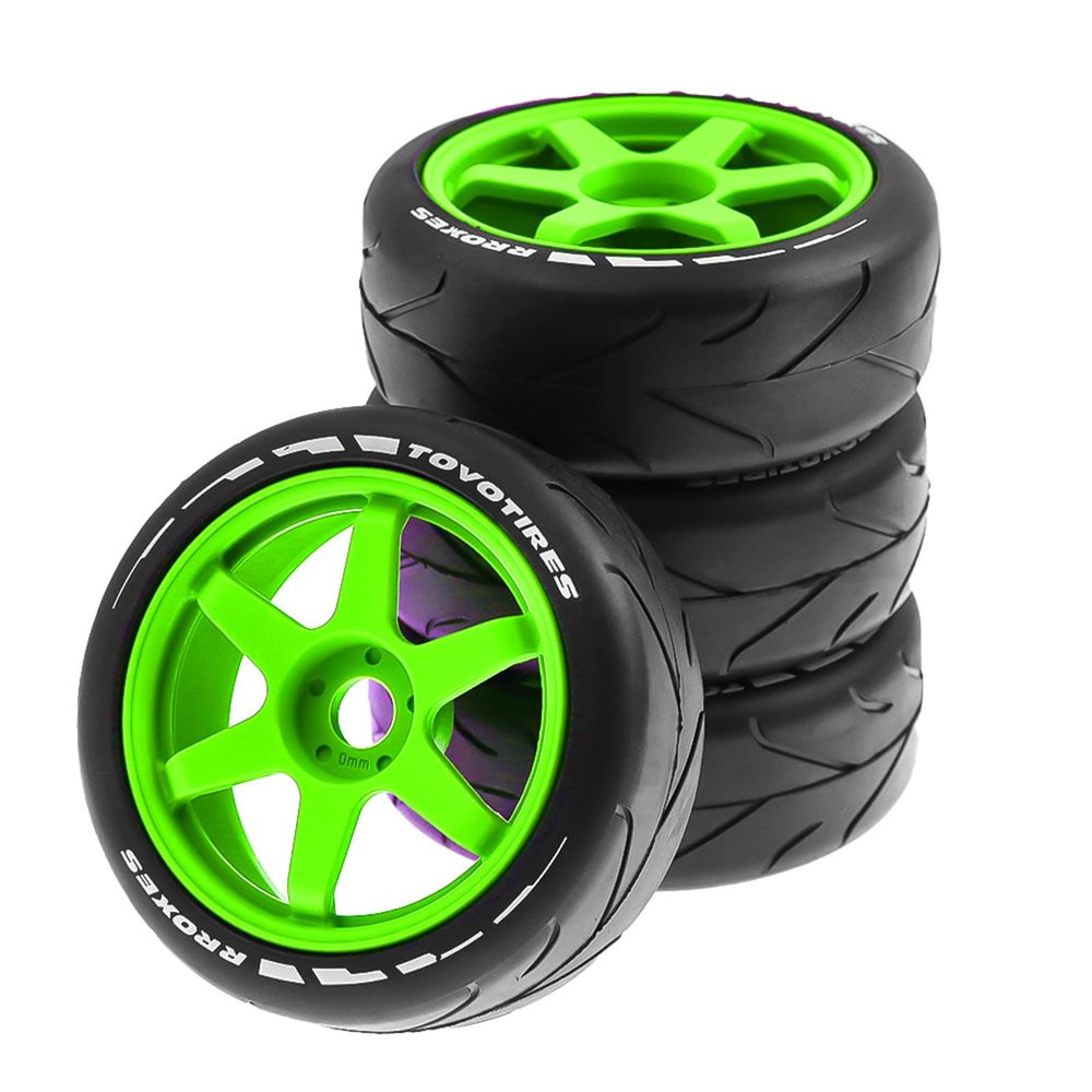 Chanmoo 1/8 RC On Road Tires and Hard Plastic Drift Wheels 17mm Hex Rally Racing Tyres for 1:8 Scale Touring Street Car Tamiya HPI WR8 HSP Hobao ARRMA Redcat Losi Kyosho VRX W10 4PCS (Green)