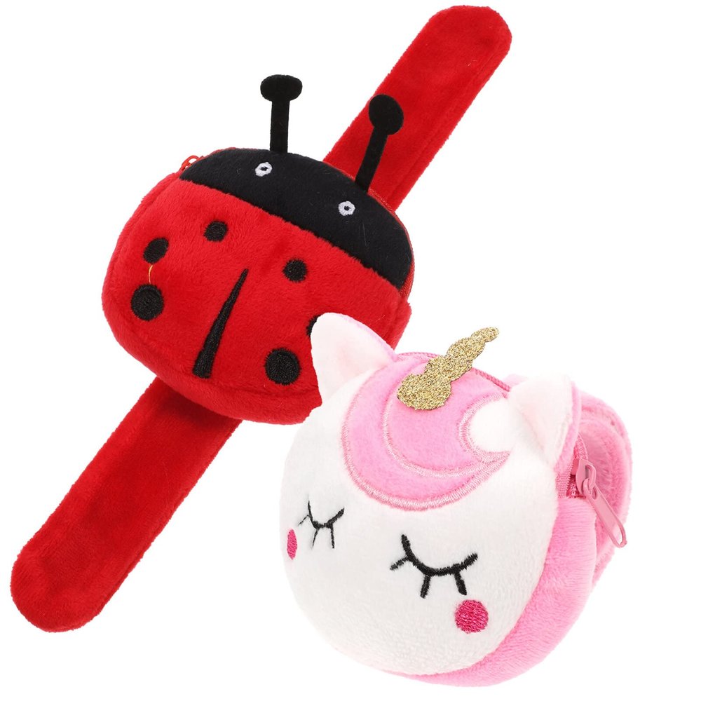 Abaodam 2Pcs Animal Slap Bracelet Coin Purse Ladybug Unicorn Slap Bracelet Plush Stuffed Animal Hugger Snap Wristband Wallet for Kids Birthday Party