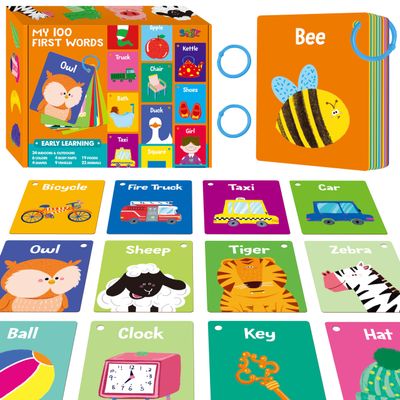 50 PCS First Word Flashcards, Double Sided Learning Cards Alphabet, Foods, Animals, Shapes, Colors, Vehicle, Body Parts with 2 Reclosable Rings, Learning Tool for Pre-K Kindergarten Toddlers