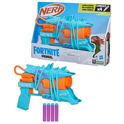 Nerf Fortnite Primal Blaster, 4-Dart Blasting, Fortnite Primal Equipment Design, 4 Nerf Elite Darts, Fortnite Nerf Blaster