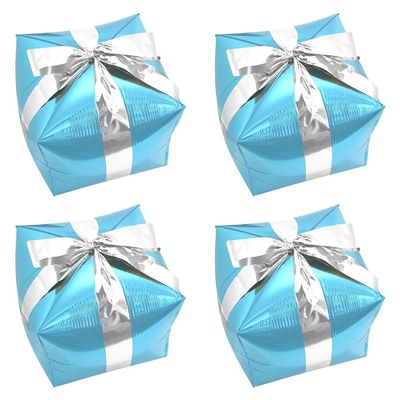 Deermon Adorable Cool Blue Christmas Gift Box Balloons With Silver Ribbon, Lovely 4D Square Present Gift Box Cube Shape Aluminum Foil Balloon For Xmas Wedding New Year Birthday Party Decorations