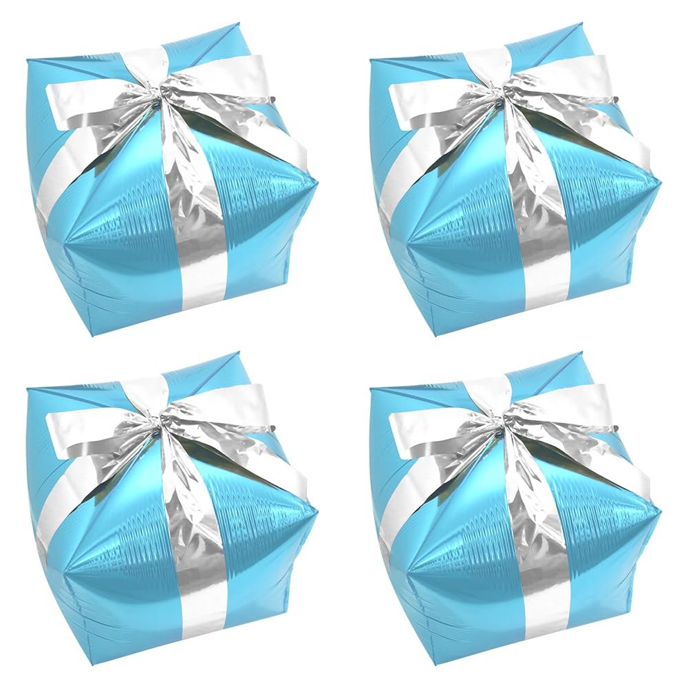 Deermon Adorable Cool Blue Christmas Gift Box Balloons With Silver Ribbon, Lovely 4D Square Present Gift Box Cube Shape Aluminum Foil Balloon For Xmas Wedding New Year Birthday Party Decorations