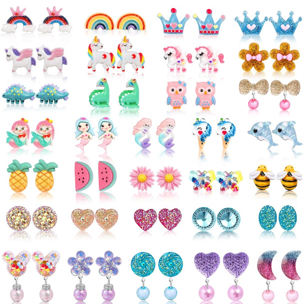 Kids Clip On Earrings for Girls Ages 4-12 Hypoallergenic,Non Pierced Earrings for Girls with No Ear Holes,Little Girl Cute Small Clip-On Earrings Jewelry Gifts Set (32 Pairs)