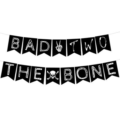 Bad Two the Bone Banner - Rock N Roll Bone Skull Second Birthday Decoration, Born to Rock Music Theme 90s Birthday Party Supplies Black for Boys Kids