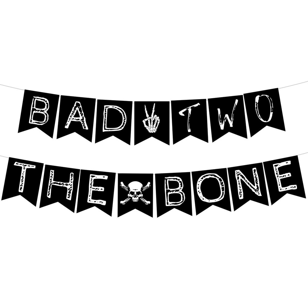 Bad Two the Bone Banner - Rock N Roll Bone Skull Second Birthday Decoration, Born to Rock Music Theme 90s Birthday Party Supplies Black for Boys Kids