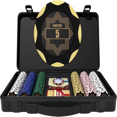 HEITOK Clay Poker Chip Set for Texas Holdem, 300 PCS with Denominations, 14g Professional Casino Blackjack Set, high-end Carrying case with Leather Interior Design and German Polycarbonate Shell