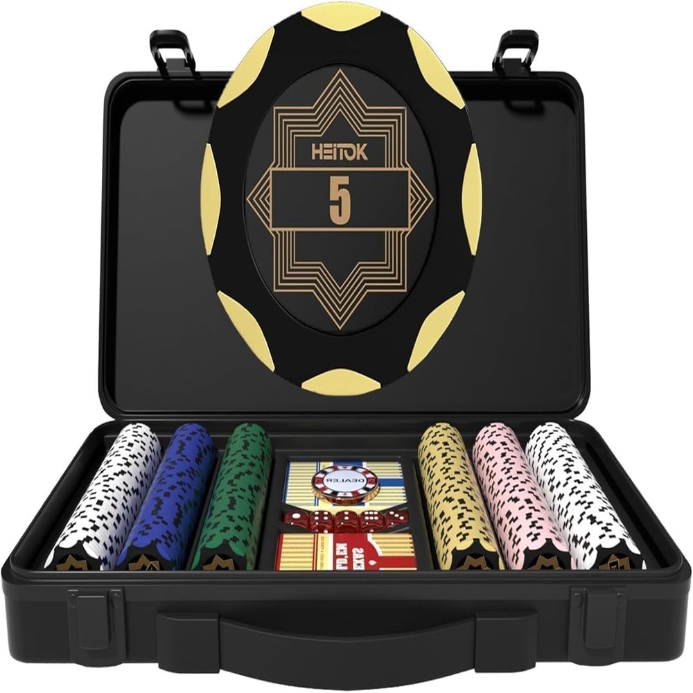 HEITOK Clay Poker Chip Set for Texas Holdem, 300 PCS with Denominations, 14g Professional Casino Blackjack Set, high-end Carrying case with Leather Interior Design and German Polycarbonate Shell