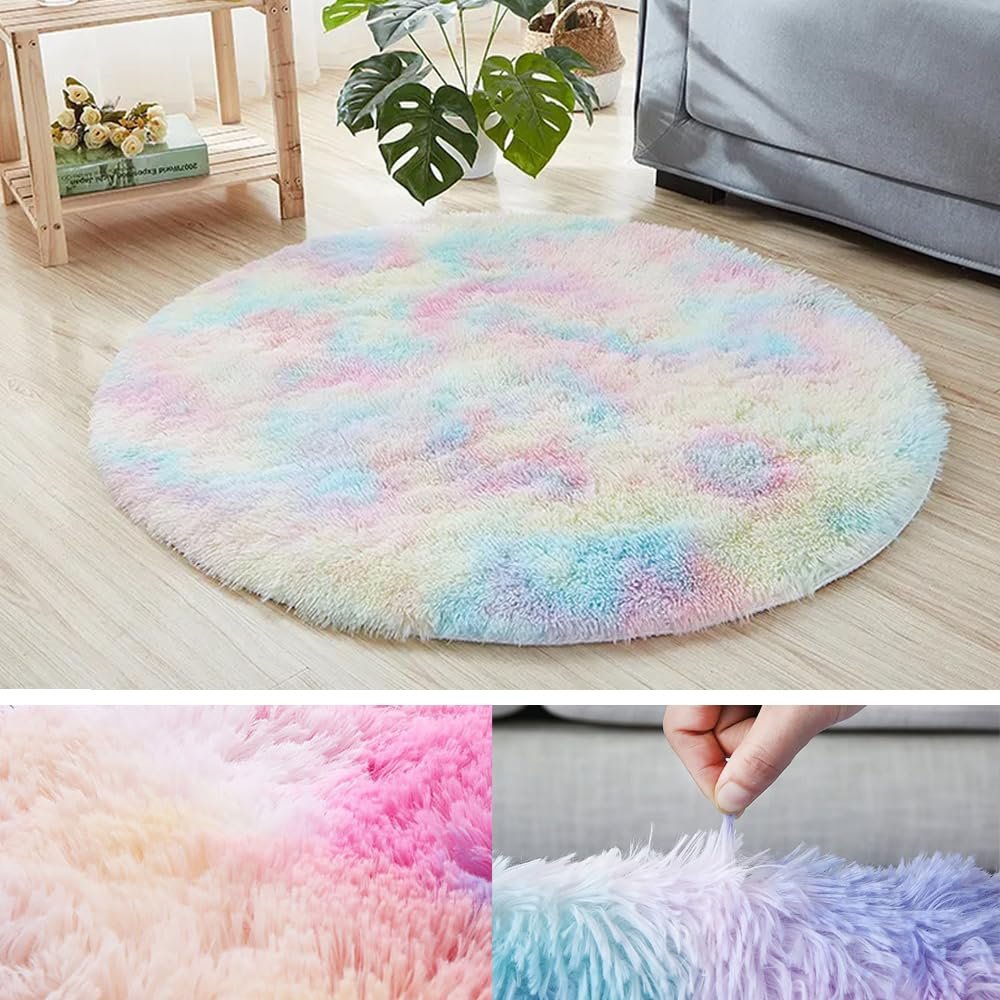 ZuTKekon Indoor Modern Round Shaped Area Rugs, Fluffy Non-Slip Floor Carpets, Silky Mat for Home Decor Living Room Bedroom Pet Room (Rainbow,3.3Ft)