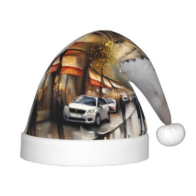 Paris Street Scene Eiffel Tower Print Christmas Hat, Santa Hat For Kids,Xmas Hat,Unisex Velvet Classic Toddler Santa Claus Hat