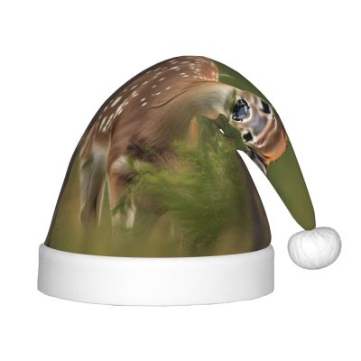 Whitetail Deer Fawn In Wilderness Stag Print Christmas Hat, Santa Hat For Kids,Xmas Hat,Unisex Velvet Classic Toddler Santa Claus Hat