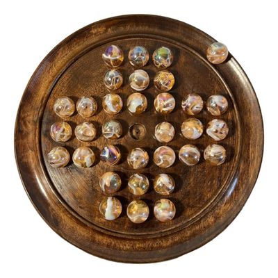 30cm Diameter DARK WOOD SOLITAIRE BOARD GAME with PINKY GLASS MARBLES | |classic wooden solitaire game | strategy board game | family board game | games for one | board games