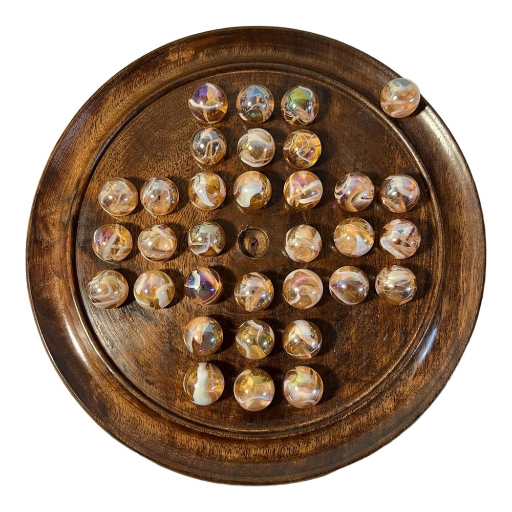 30cm Diameter DARK WOOD SOLITAIRE BOARD GAME with PINKY GLASS MARBLES | |classic wooden solitaire game | strategy board game | family board game | games for one | board games