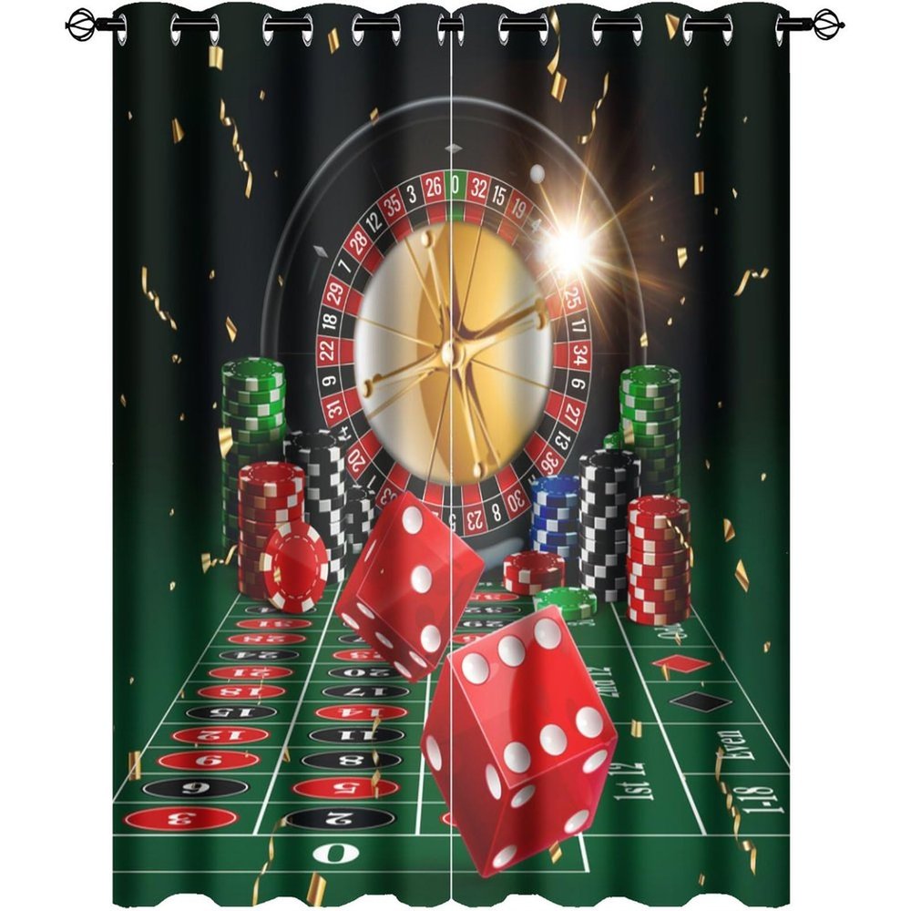 FBMLBRB Brebasf Cool Casino Game Perforated Window Treatments,Poker Tournament Roulette Colorful Chips Poker Cards Print Curtain Suitable for Bedroom,Living Room,Kitchen-2 Panels 54" L x21 W