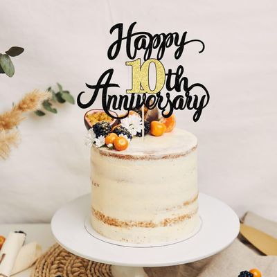 Gold Glitter 10th Wedding Anniversary Cake Topper - For 10 years Anniversary Party & Birthday Decorations (10)