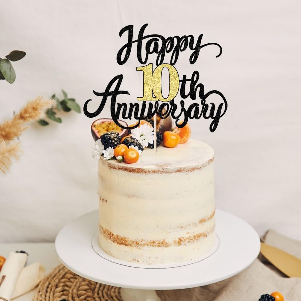 Gold Glitter 10th Wedding Anniversary Cake Topper - For 10 years Anniversary Party & Birthday Decorations (10)