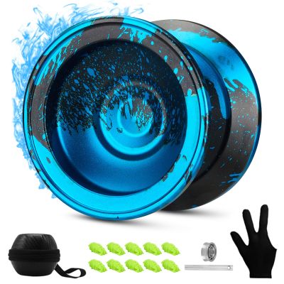 FETESNICE Yoyo Professional Responsive yo yo for Kids Beginner, Dual Purpose Metal Yo-yos, Unresponsive Yo yo for Advanced Yo-yo Players with 10 Strings + Bag + Glove(Black-Blue)