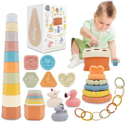 BYFWH Shape Sorter for Toddler 1-3, 5 in 1 Montessori Baby Toys for Infants 6-48 Months, Sorting & Stacking Toy for Fine Motor Skills, Sensory Learning Set with Rings Link, Birthday Gift