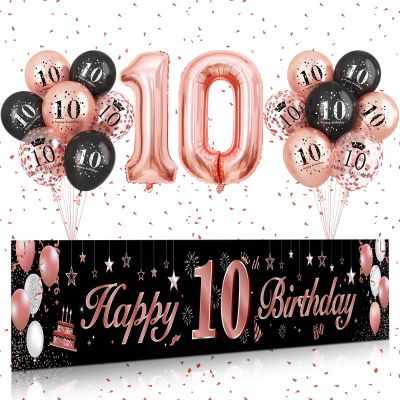 10th Birthday Decorations for Girls,BTZO Black Rose Gold Happy 10th Birthday Banner Birthday Balloons,Number 10 Balloon Rose Gold Confetti Balloons for 10th Birthday Anniversary Party Decorations