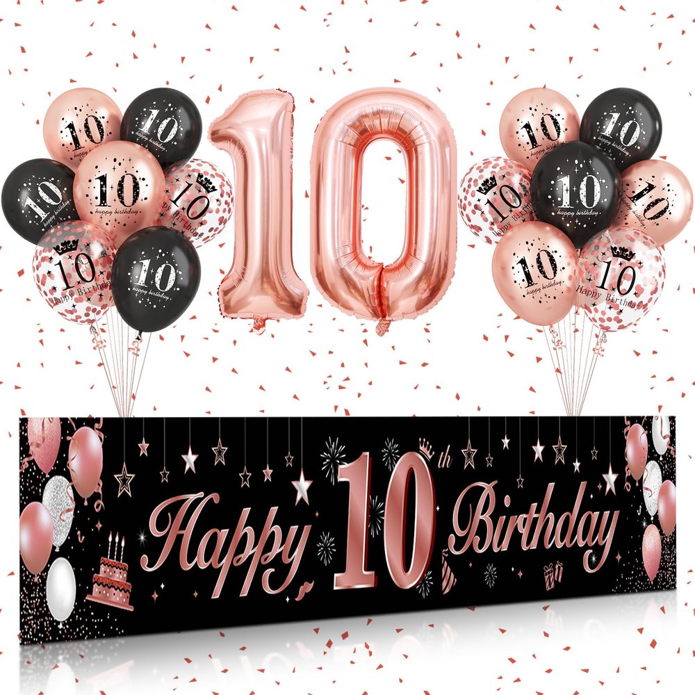 10th Birthday Decorations for Girls,BTZO Black Rose Gold Happy 10th Birthday Banner Birthday Balloons,Number 10 Balloon Rose Gold Confetti Balloons for 10th Birthday Anniversary Party Decorations