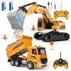 Remote Control Excavator and Dump Truck Toy Set - RC Construction Vehicles Toy with Barricades, Road Signs, Simulated Rocks, Lights and Sounds, Birthday Gifts for Toddlers 3-12 year Boys Girls view 1