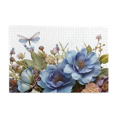 1000 Piece Jigsaw Puzzle for Adults Personalized Picture Puzzle Blue Flowers and Dragonfly Customized Wooden Puzzle for Family, Birthday, Wedding, Game Nights Gifts, 29.5"x19.7"