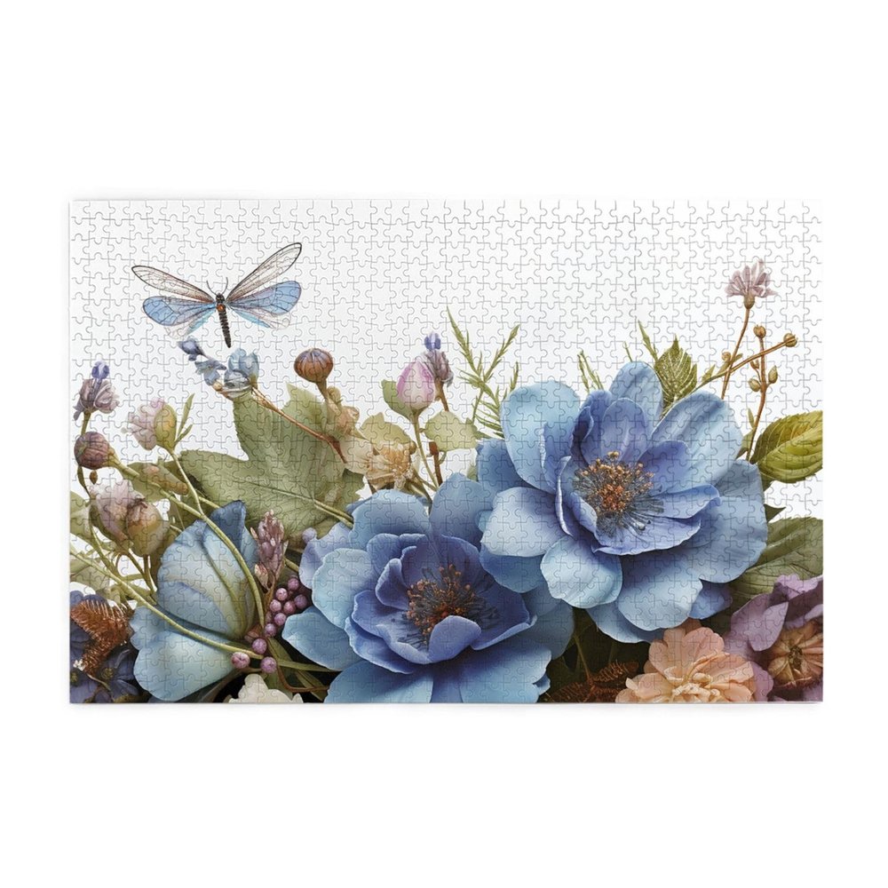 1000 Piece Jigsaw Puzzle for Adults Personalized Picture Puzzle Blue Flowers and Dragonfly Customized Wooden Puzzle for Family, Birthday, Wedding, Game Nights Gifts, 29.5"x19.7"