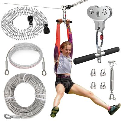 Zip Lines for Kids and Adults Outdoor Up to 500 Lbs, 304 Stainless Steel 120FT Zipline Kits for Backyard with Thickened 1/4" Wire Rope, Removable Pulley, Outdoor Playground Equipment
