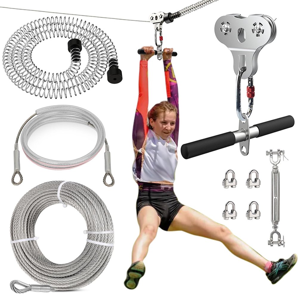 Zip Lines for Kids and Adults Outdoor Up to 500 Lbs, 304 Stainless Steel 120FT Zipline Kits for Backyard with Thickened 1/4" Wire Rope, Removable Pulley, Outdoor Playground Equipment