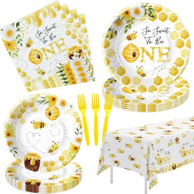 APOWBLS First Bee Day Birthday Party Decorations Tableware - Bumble Bee 1st Birthday Party Supplies, Plate, Napkin, Tablecloth, Fork | Serves 24